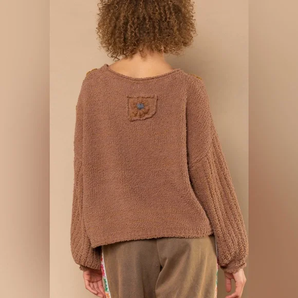 LAST ONE POL Brown Textured Knit Flower Patchwork Sweater Top - Picture 2 of 7